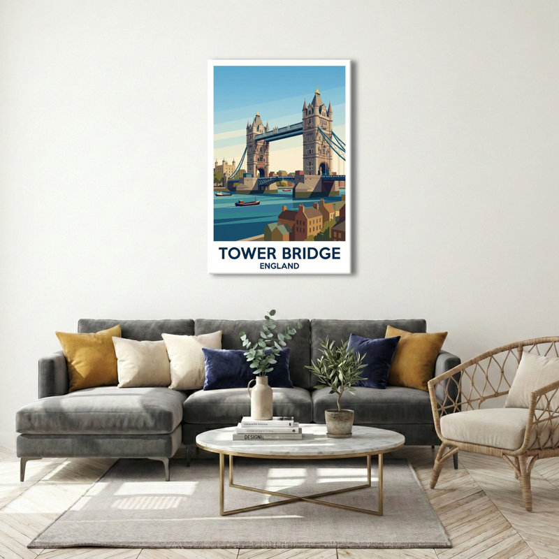 Tower Bridge, England - Romantic Travel Poster Of London's Iconic Thames Crossing. Giclee Print On Wrapped Canvas. Wall Art, Home Decor - Transport & Engineering, England - Wrapped Canvas Print