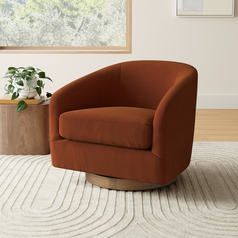 Bennett Upholstered Swivel Barrel Chair, Bella Burnt Orange Performance Velvet