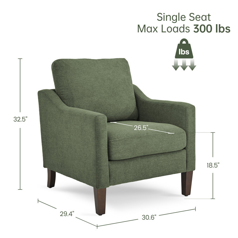 Fauteuil d'appoint rembourré avec pieds en bois massif, Green, 1
