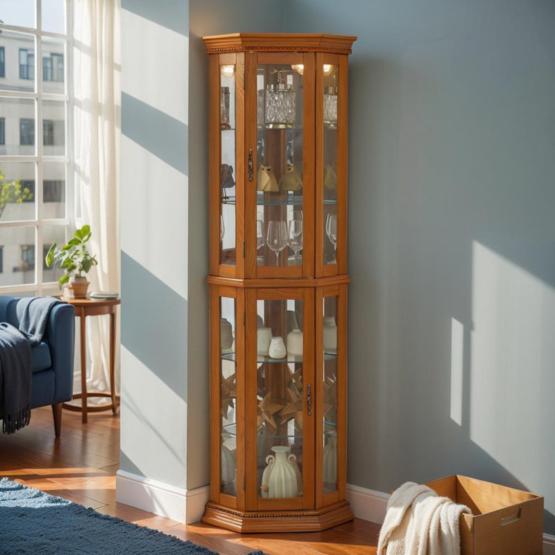 Corner Curio Cabinet With Lights, Adjustable Tempered Glass Shelves, Mirrored Back, Display Cabinet,Light Walnut (E26 Light Bulb Not Included)