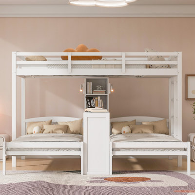 Lit superposé simple au-dessus de simple et simple avec bureau intégré et tablettes de rangement, lampe de lecture, 3 lits en 1