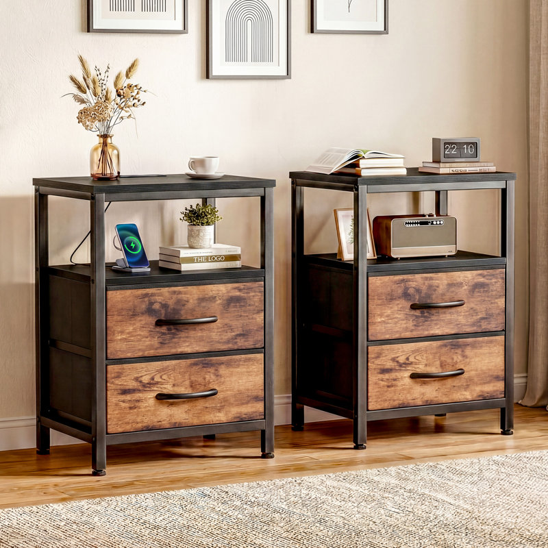 Nightstand with Charging Station and 2 Fabric Drawers, Bedside Table with USB Ports and Outlets, End Table with Open Shelf, 2