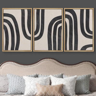 Motif géométrique en forme de ligne géométrique en spirale noire et brun clair à motif abstrait Mid-Century moderne 3 pièces