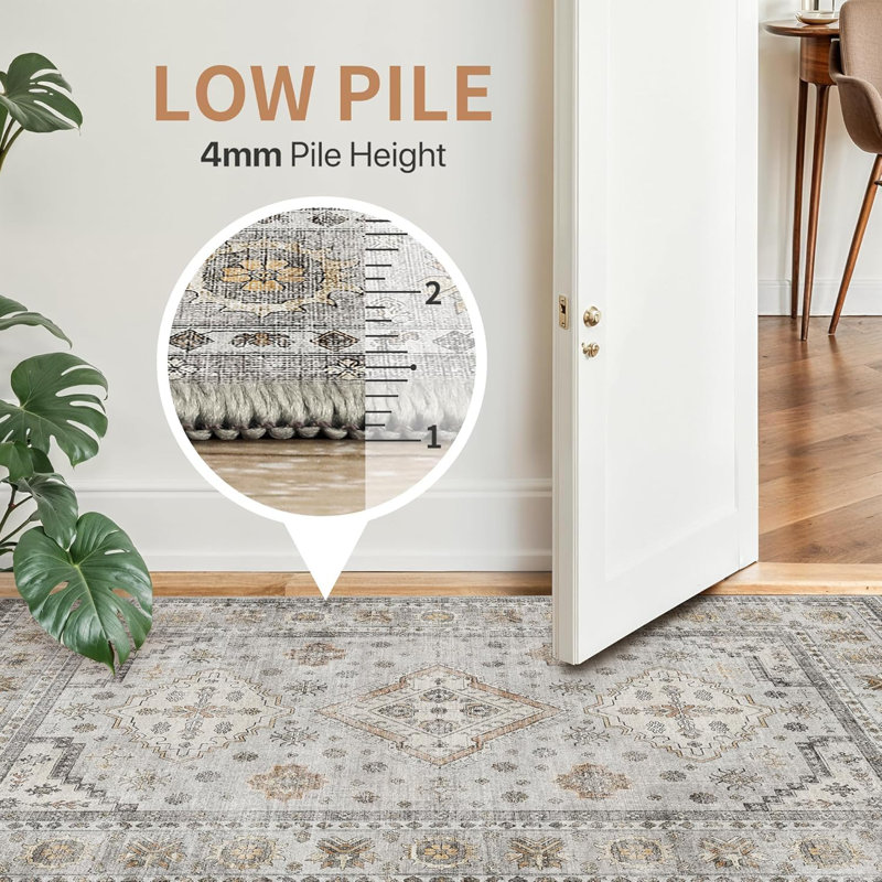 Oriental Machine Washable Area Rug with Non-Slip Backing, Rectangle 160 x 230 cm, Grey