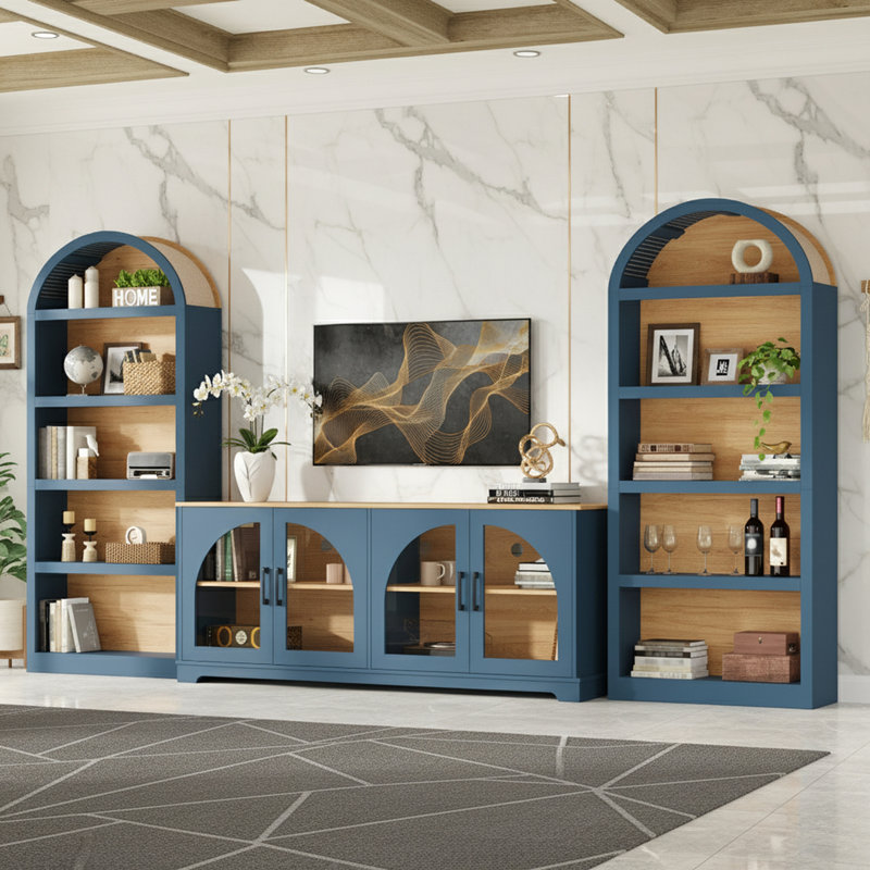 Meuble télé 3 pièces avec bibliothèque et portes en verre trempé, Bleu