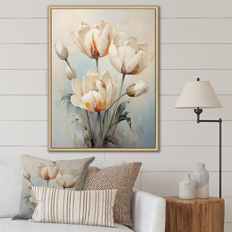 Minimalisme, symphonie de tulipes beiges sur toile, H 20 po x l 12 po x P 1 po, Cadre naturel flottant