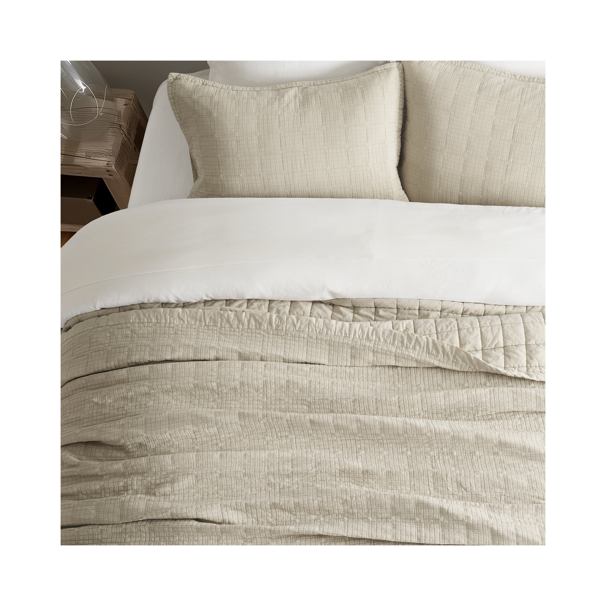 Stonewashed Crinkle Cotton Box Stitch Quilt Set, Queen Quilt + 2 Queen Shams, Flax Beige