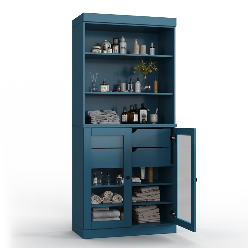 Armoire de salle de bain autoportante 100% bois massif 32 po avec portes en verre transparent, 2 tiroirs et tablettes réglables - Rangement de salle de bain moderne