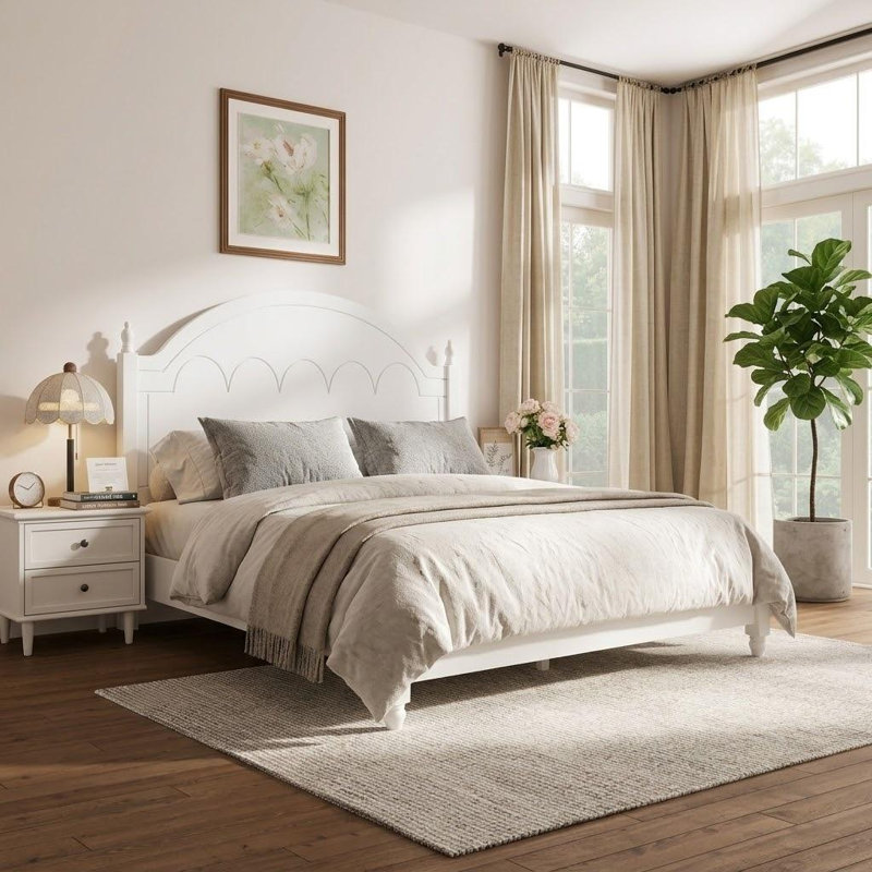 Base de lit en bois pour grand lit avec tête de lit arquée élégante - mobilier de chambre classique et durable, blanc, Blanc