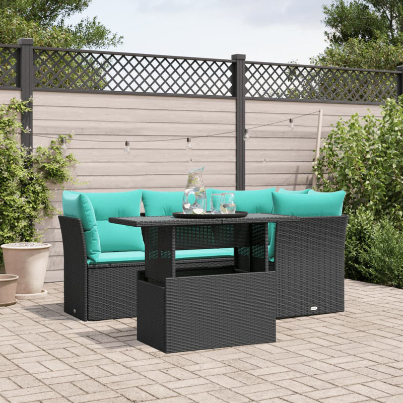  Ensemble de canapé de patio 5 pièces avec coussins en rotin de polyester noir