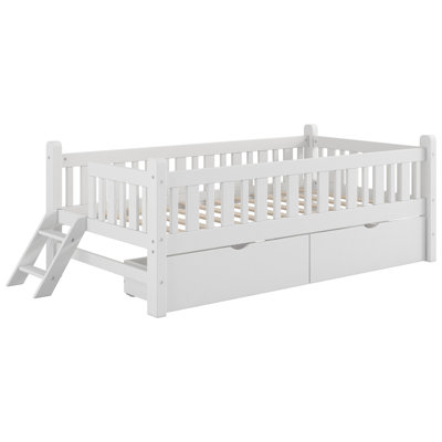 Structure de lit simple en bois avec garde-corps et 2 tiroirs de rangement, blanc