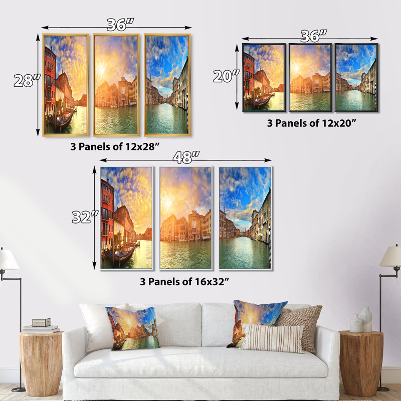 «Grand Canal Venice Panorama - Cityscape», ensemble d'art mural sur toile, H 20 po x l 36 po x P 1 po, Cadre flottant blanc