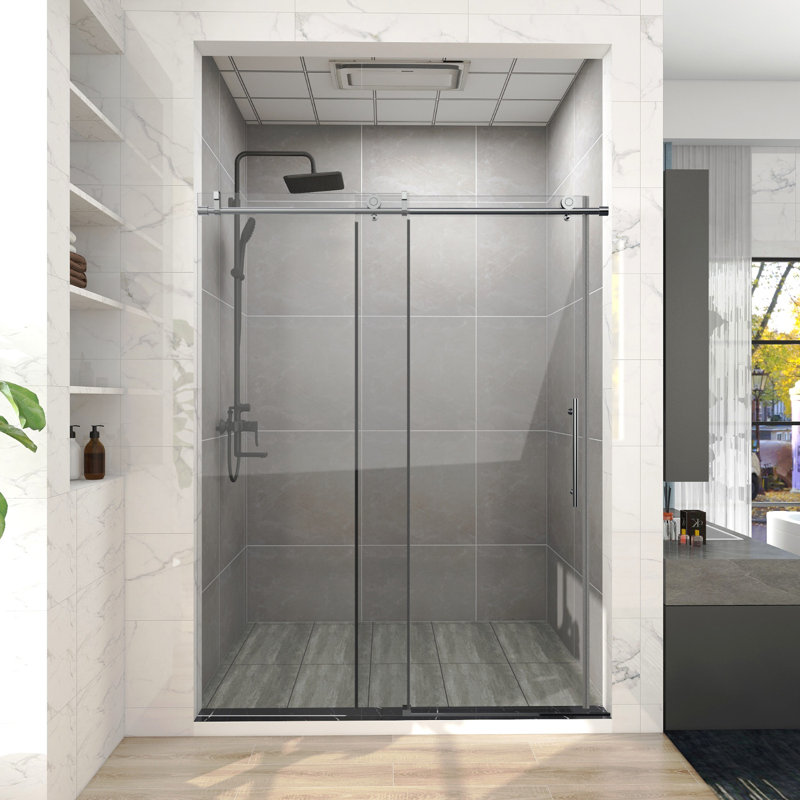 60 In. W X 76 In. H Single Sliding Frameless Shower Door/Enclosure In Chrome Finish With Clear Glass, Chrome