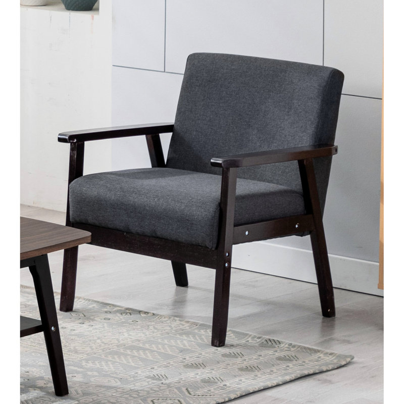 Chaise en lin gris foncé avec accoudoirs de 21 po, fauteuil en bois massif, coussin de coussin en bois