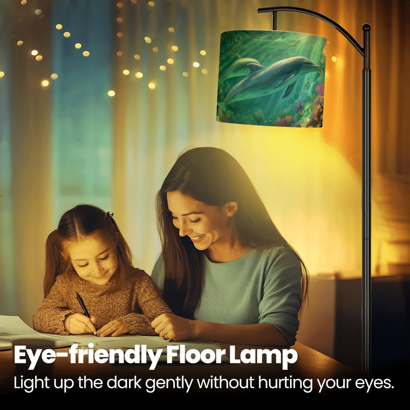 Arc Floor Lamp with Adjustable Lampshade Blue Beach Ocean Dolphin Underwater World Coral Fish Navy Seascape Standing Lamp 3 Color Temperatures Dimmable Tall Pole Lamp with Foot Switch for Bedroom