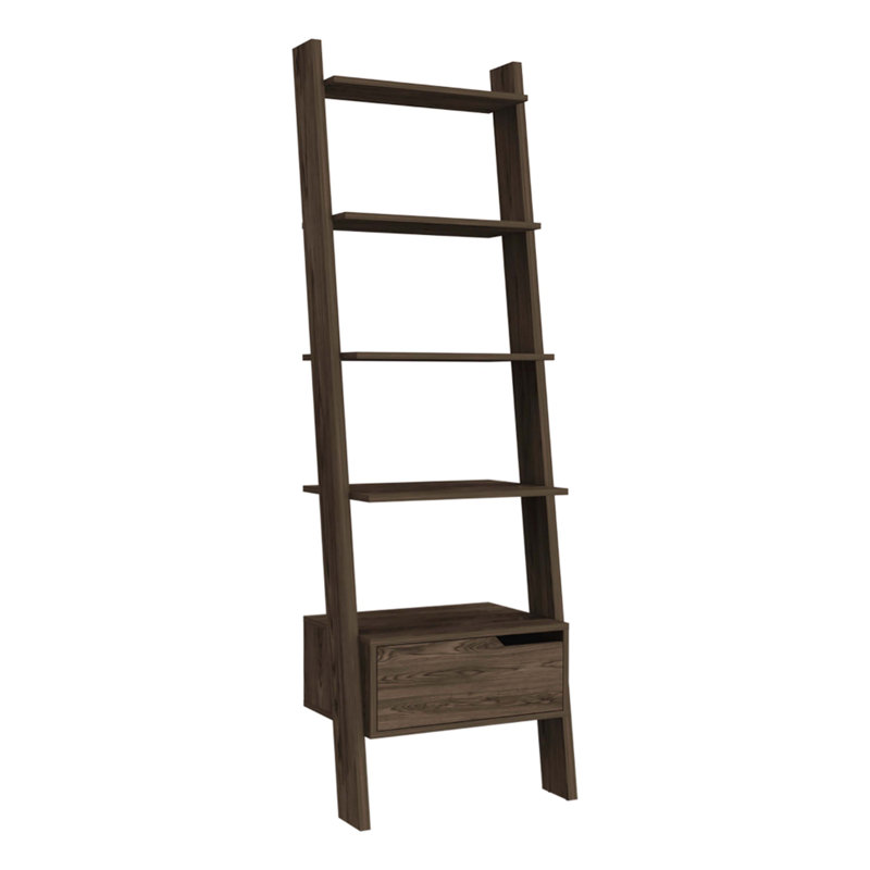 Bibliothèque échelle Ladder, un tiroir, cinq tablettes ouvertes, finition noyer foncé