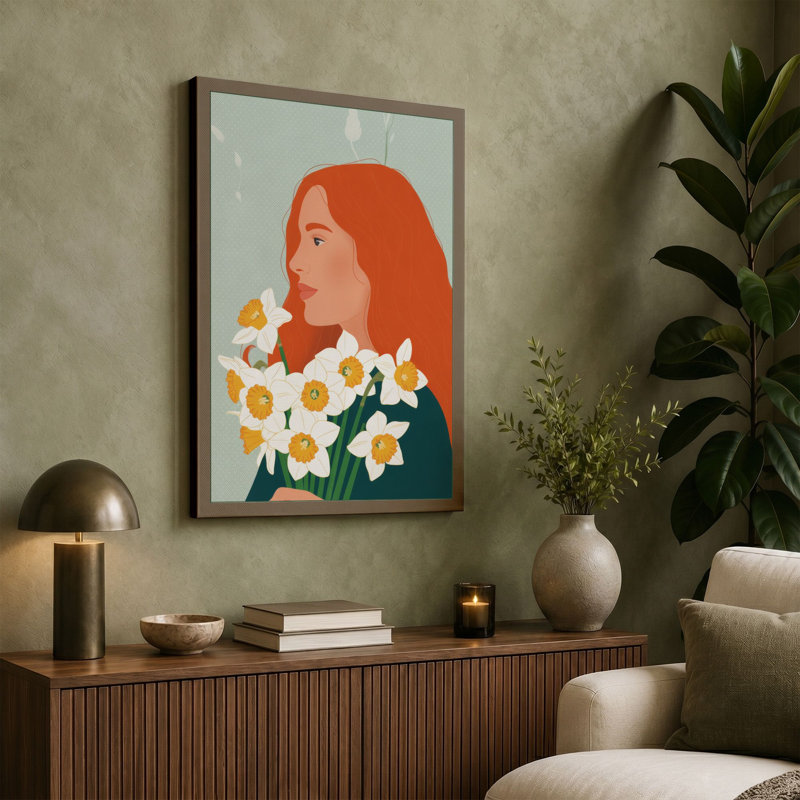 Woman with Spring Daffodils Botanical - Wrapped Canvas, 18x12 - 45.7 x 30.5 cm, Sage Border