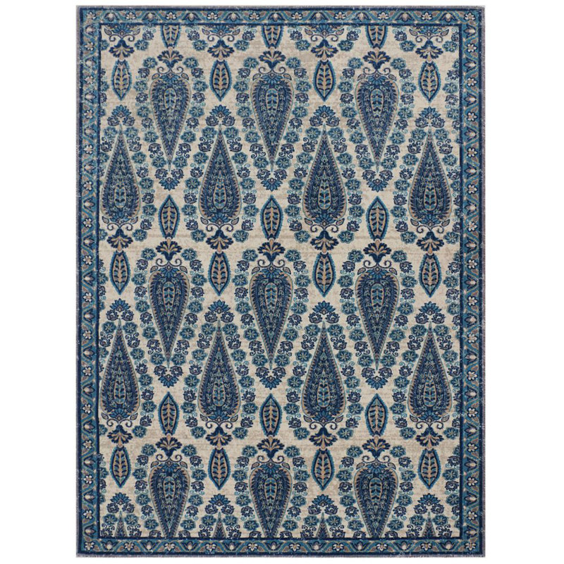 Tapis bleu à motif cachemire Alexandrea, Rectangle 5 pi x 7 pi