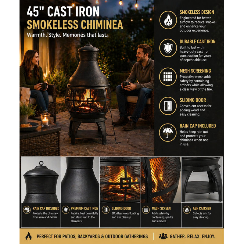 45" Cast Iron Smokeless Chiminea with Mesh Screen, Sliding Door & Rain Cap