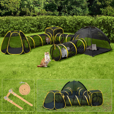Enclos d'extérieur pour chat 6 en 1 avec tente de chat, tunnel, maisonnette, laisse