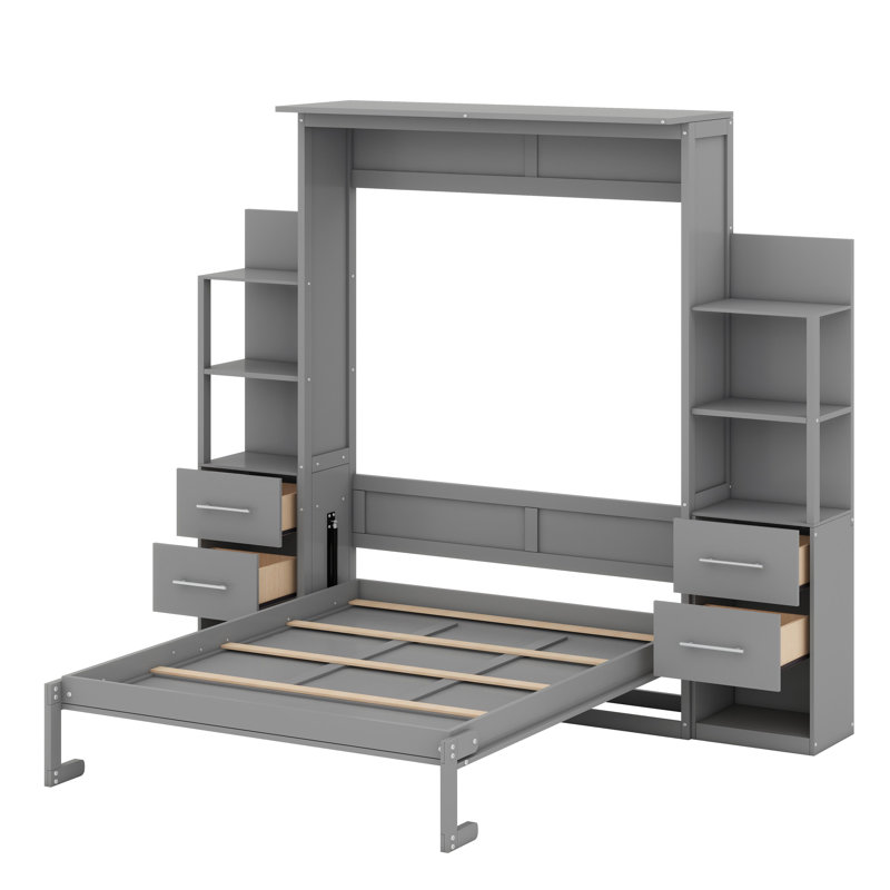 Lit escamotable mural avec tablettes Murphy, Gris, Grand lit