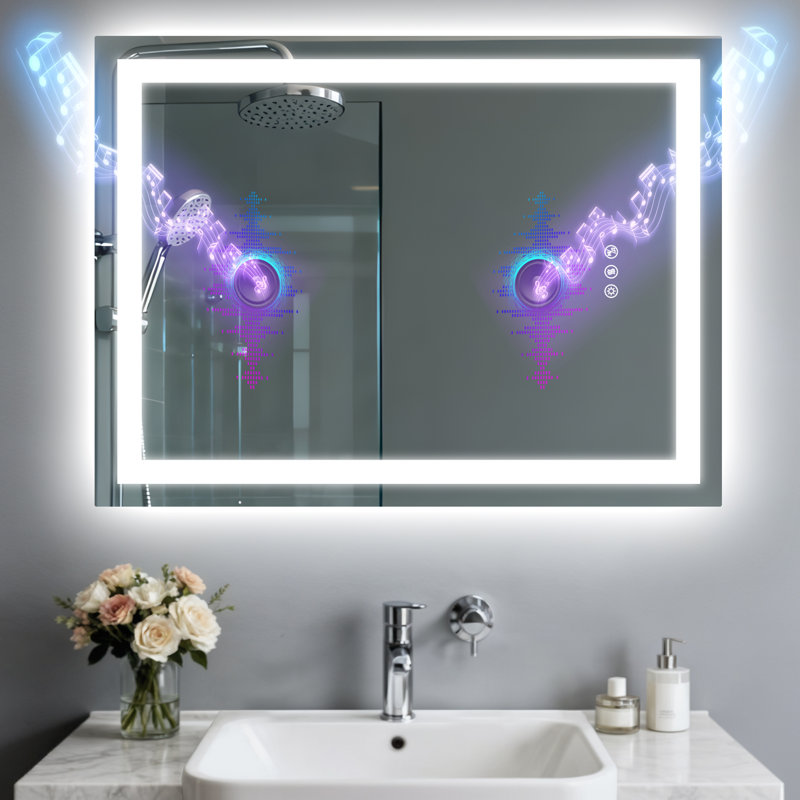 Lighted Bluetooth Speaker Mirror, Tempered Glass Bathroom Mirror With Anti-Fog, Dimmable 3-Color Front & Backlit Led Lights, Smart Touch & Memory For Wall Vanity