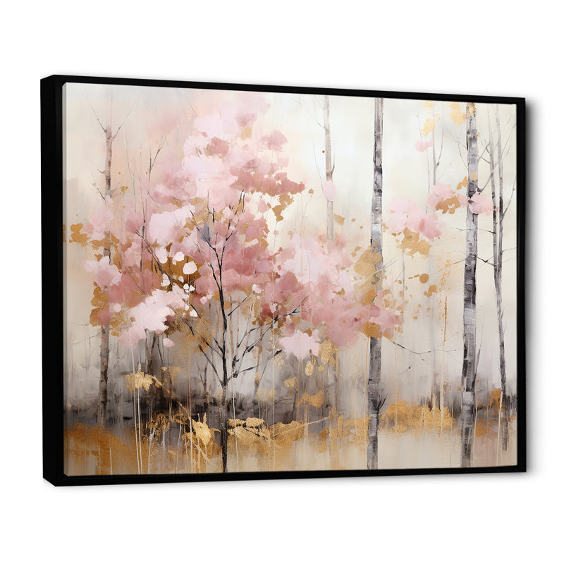 «Minimalisme rose et forêt dorée», reproduction sur toile, H 16 po x l 32 po x P 1 po, Cadre flottant noir