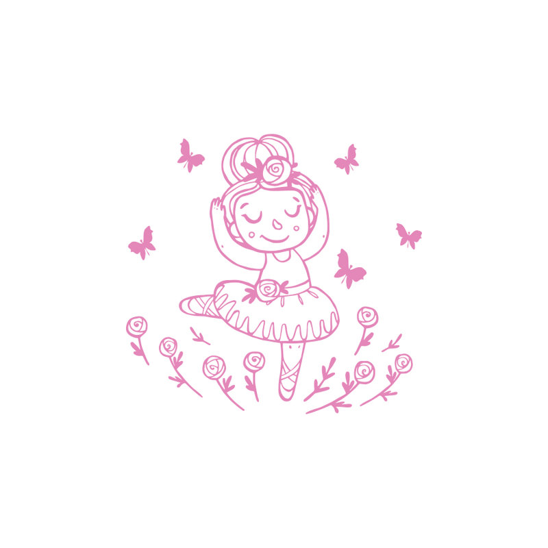 Décalcomanie murale ballerine avec papillons dessiné, Rose tendre