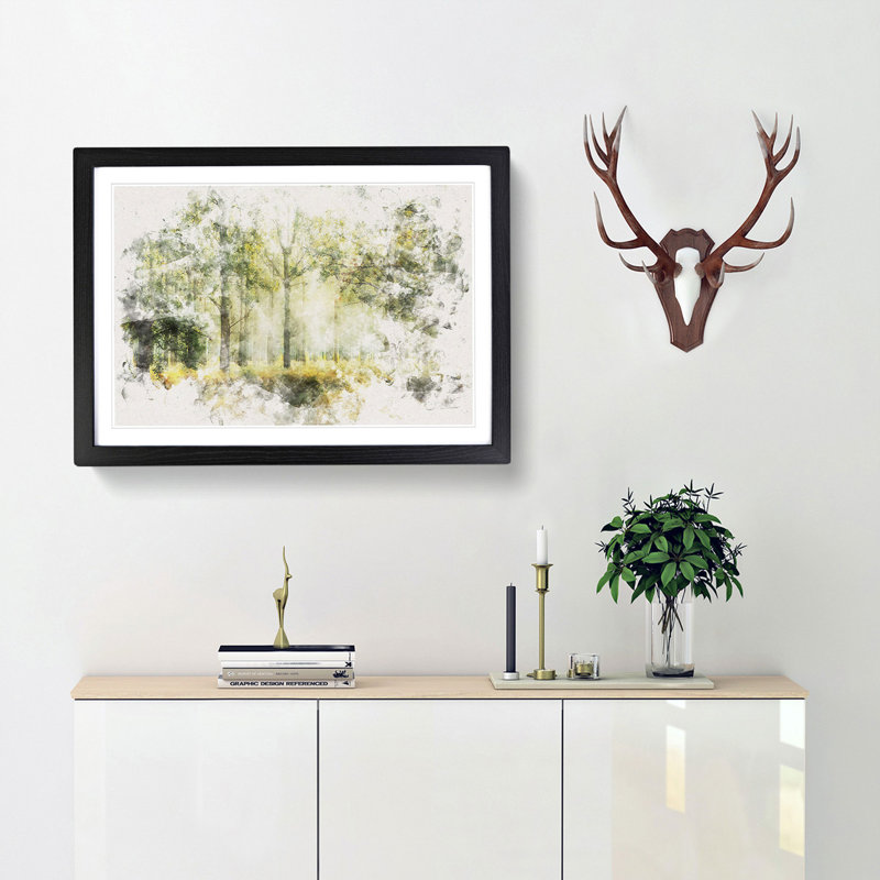 View Of The Forest In The Spring Watercolour - Framed Print, 62cm H x 87cm W x 2cm D, Black