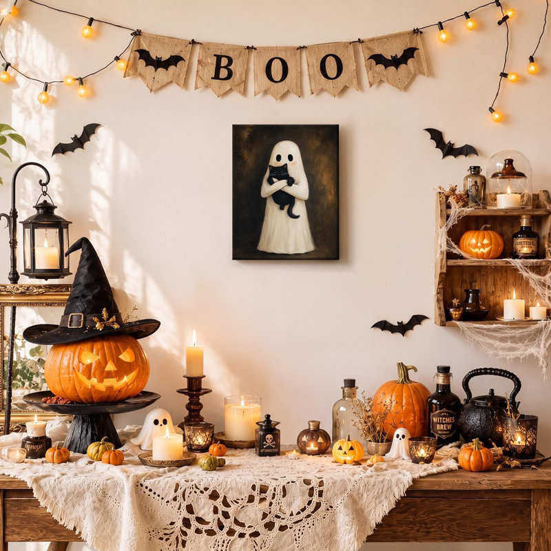 Ghost Hugging Black Cat Halloween Canvas Wall Art Cute Spooky Home Decor