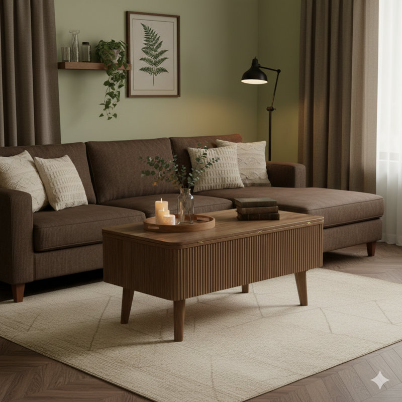 Une table centrale convertible 3-en-1 avec un design cannelé. Transforme une table basse en table de salle à manger, avec un plateau ovale en bois avec rangement. Design moderne pour les salons, les bureaux ou les petits espaces. Disponible en noyer.