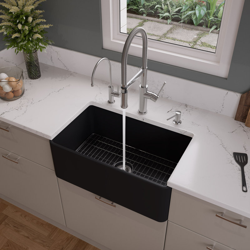 Alfi Brand 18'' W Single Bowl Fireclay Farmhouse Kitchen Sink 0, Black 