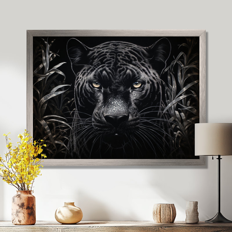 «Black Black Panther Nocturnal Majesty Scratchboard» - art mural encadré panthère, H 34 po x l 44 po, Cadre photo noir