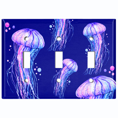 Jelly Fish Pink Party Dark Blue Nautical & Beach 3 - Gang Toggle Light Switch Standard Wall Plate