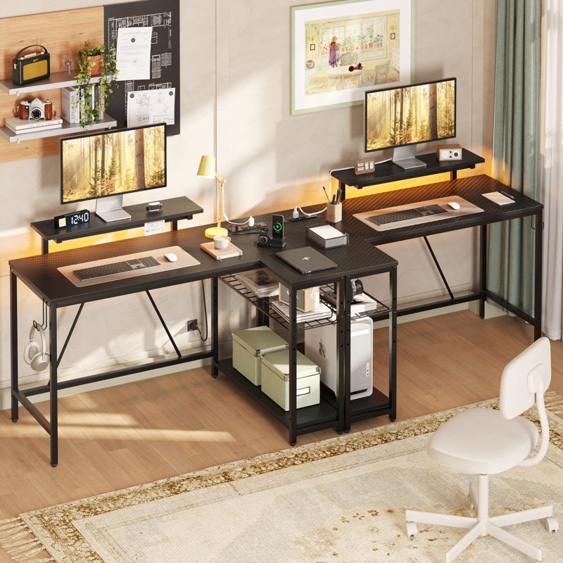 Bureau d'ordinateur en L de 48 po avec prise de courant Nedyo, bureau de jeu à DEL avec tablettes, Noir, noir, noir, noir