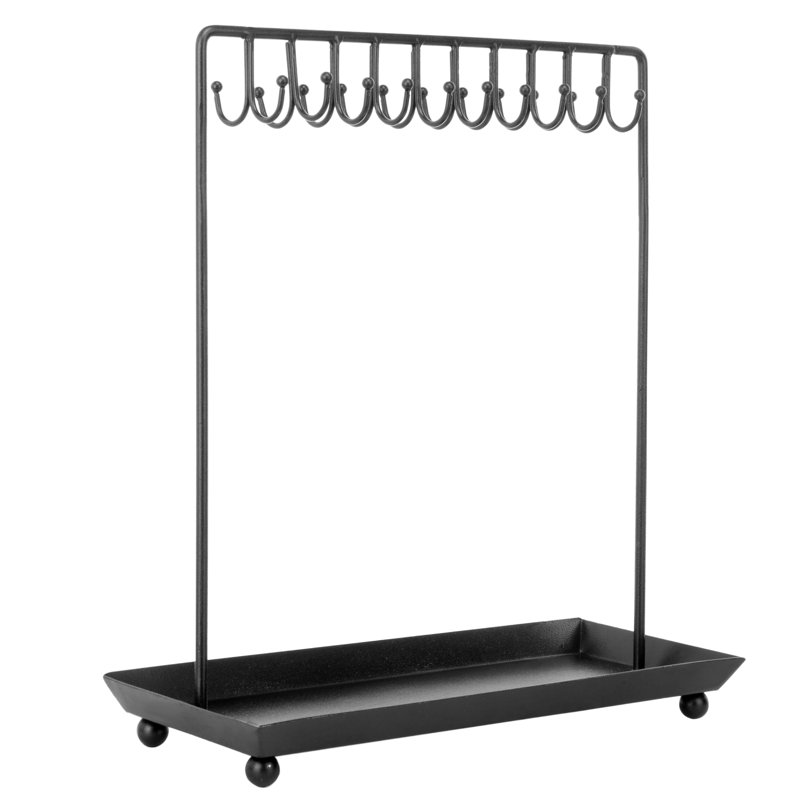 Black Metal 14-Inch Jewelry Organizer Stand with Hooks and Tray