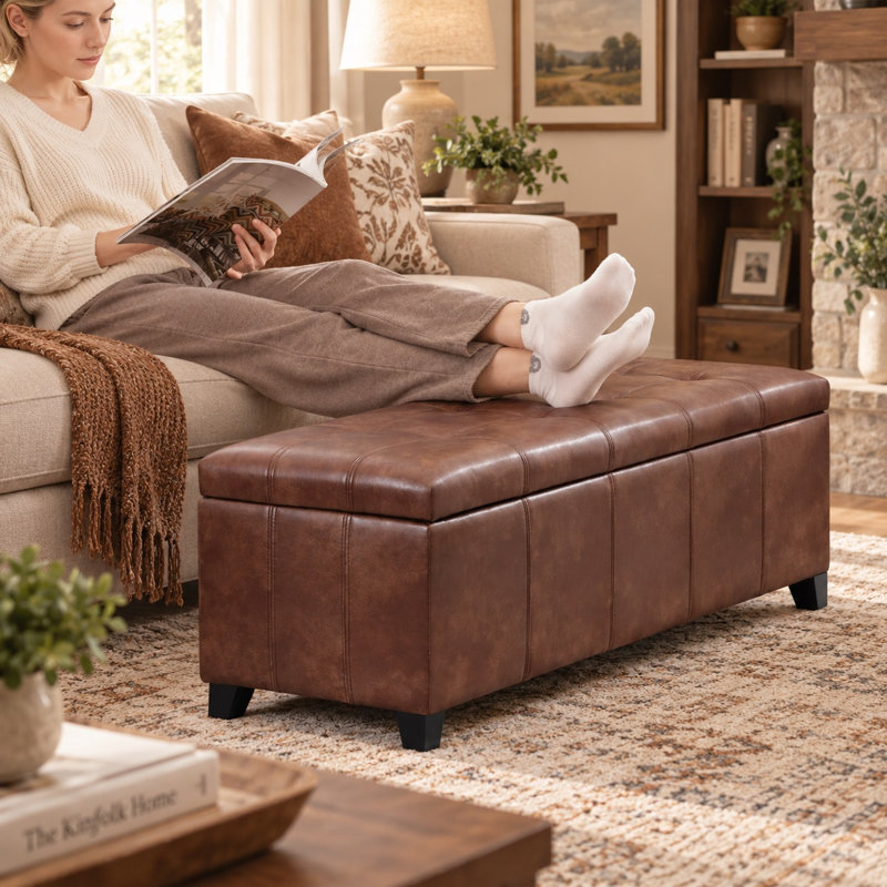 Banc de rangement rembourré en similicuir 48,4 po avec charnière de sécurité pour le salon, Brun café