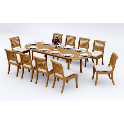 Ensemble de salle à manger 7 pièces en bois de teck de qualité A: table ovale à double extension 94 po et chaises sans accoudoirs empilables Appel # 11AB2200