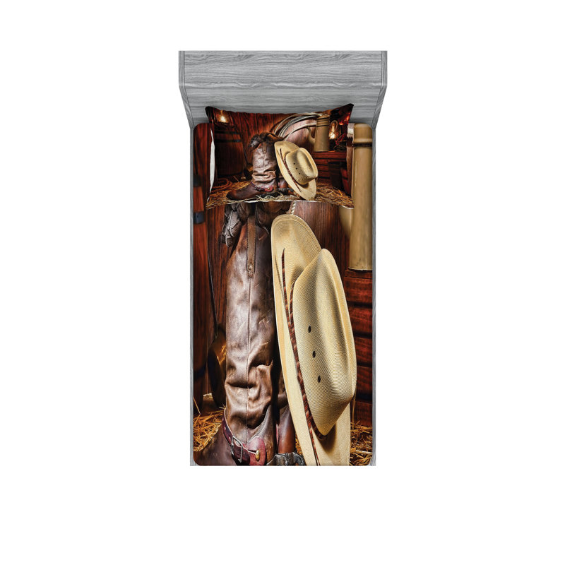 Drap-housse et coussin décoratif Ambesonne Western brun beige, Ensemble de draps pour lit simple + 3 pièces supp
