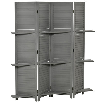 5.6 Ft Freestanding Room Divider With Shelves, Gray Privacy Screen For Bedroom Office, Rustic Look Screen, Storage Shelves And Style