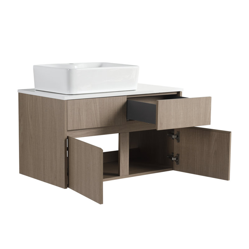 Meuble-lavabo mural 32 po avec lavabo en céramique et panneau plat en PVC, 2 portes à fermeture douce et 1 tiroir, emballage KD, panneau de particules