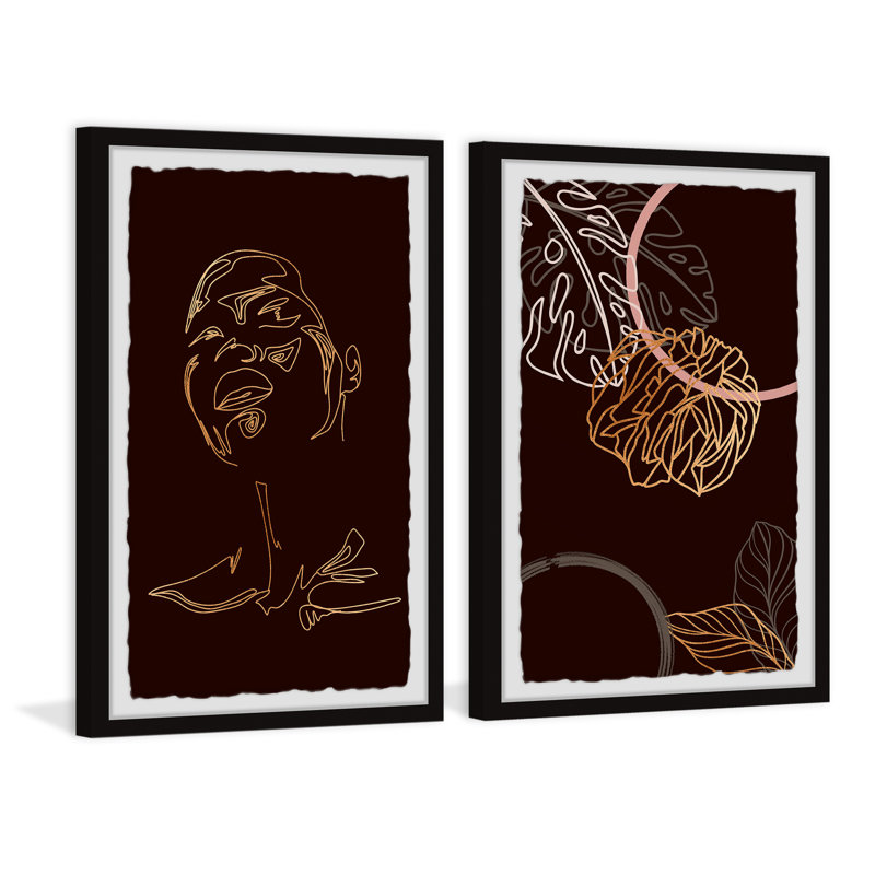 Girl And Tropical Leaves - 2 Piece Single Picture Frame Print Set, 61cm H x 41cm W x 3.81cm D