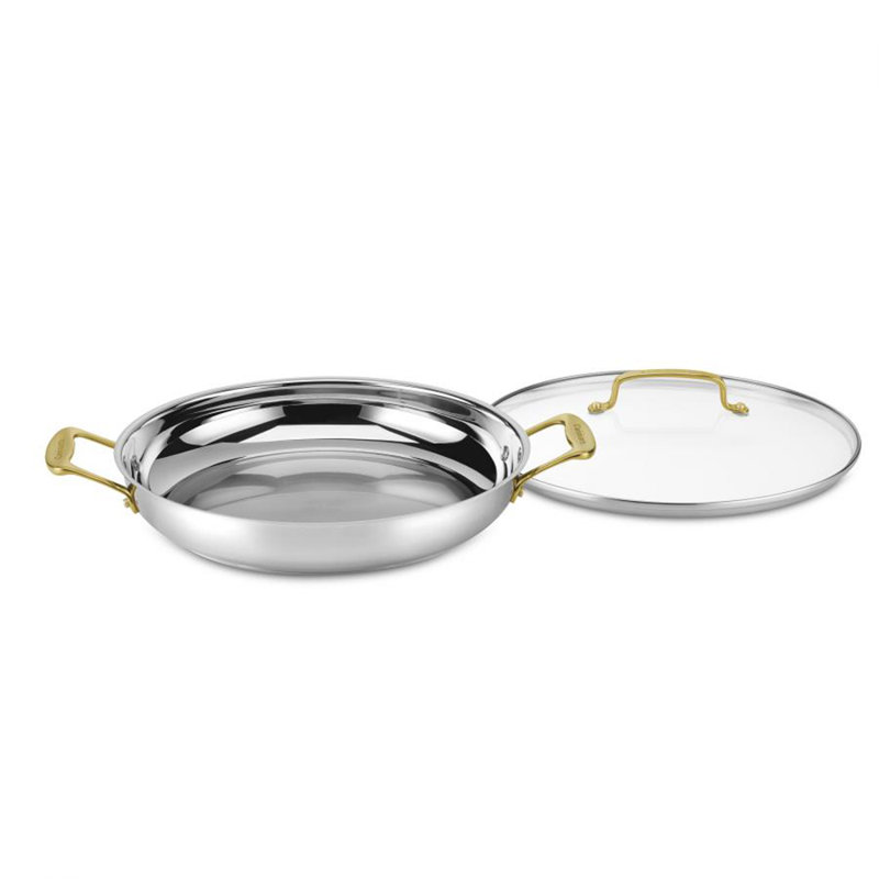 12" Stainless Steel Everyday Pan with Gold Handles and Glass Lid
