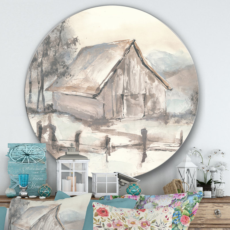 « campagne grange gray vii », reproduction d’art sur cercle métallique, H 36 po x l 36 po