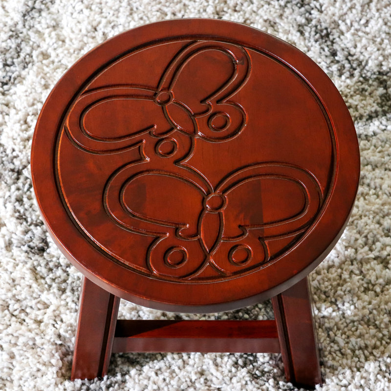 Wooden Butterflies Stool, Cherry Color - Versatile For Ottomans And Living Areas 10" Height X 11" Diameter Step Stool With Butterflies, Charming Mini Side Tables 11