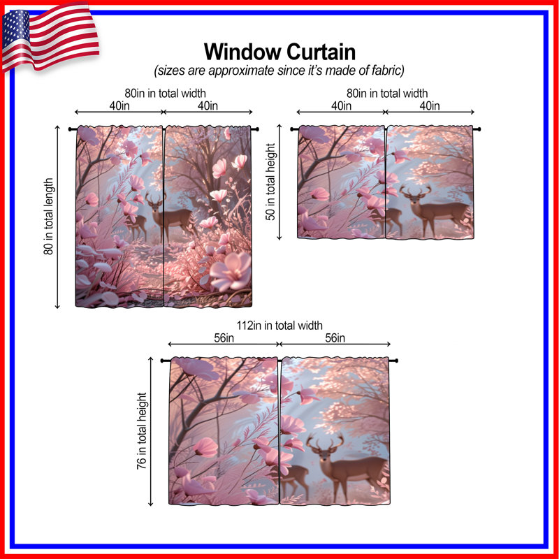 Rideaux de fenêtre cerf avec fleurs roses, 20in x 50in - 2 panels, Transparent
