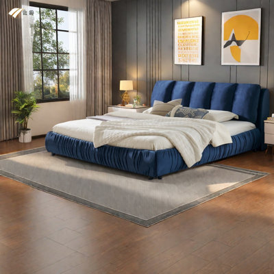 Très grand lit, tête de lit éponge segmentée, panneau de fibres à densité moyenne bleu foncé, chambre à coucher moderne