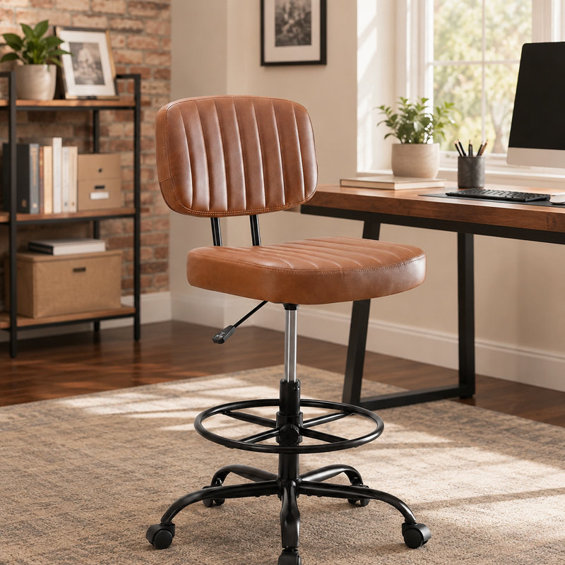 Brown Low-Back Drafting Stool with Adjustable Footrest Ring, Ergonomic PU Leather, Swivel Rolling for Studio, Lab, or Counter Use