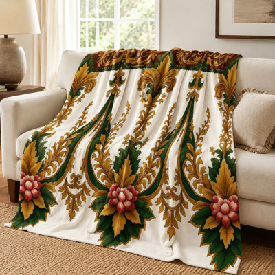 Cozy Flannel Fleece Throw Blanket - Elegant Damask Floral Pattern, with Antique Accents, Soft, Lightweight, Breathable, All‑Season, Skin‑Friendly, Machine Washable, Decorative, for Sofa, Couch, Living Room and Bedroom