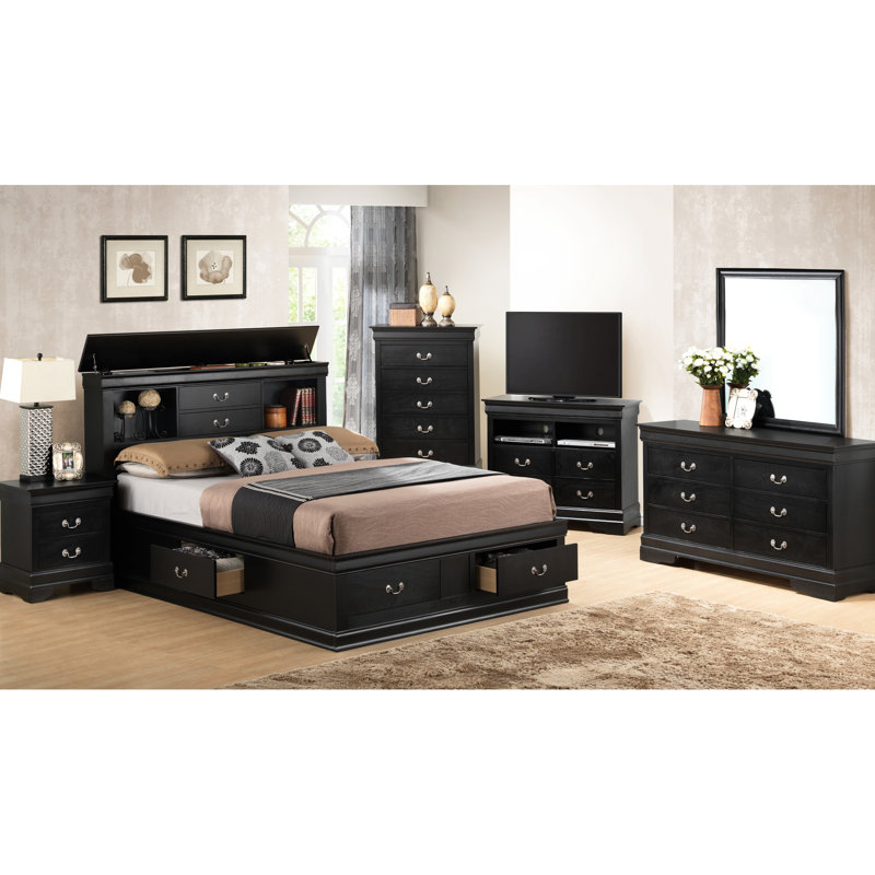 Lit double avec rangement classique et élégant - H 44 po x l 61 po x P 84 po, finition noire, espace spacieux, taille faite dans le style X noir, cadre bien rangé